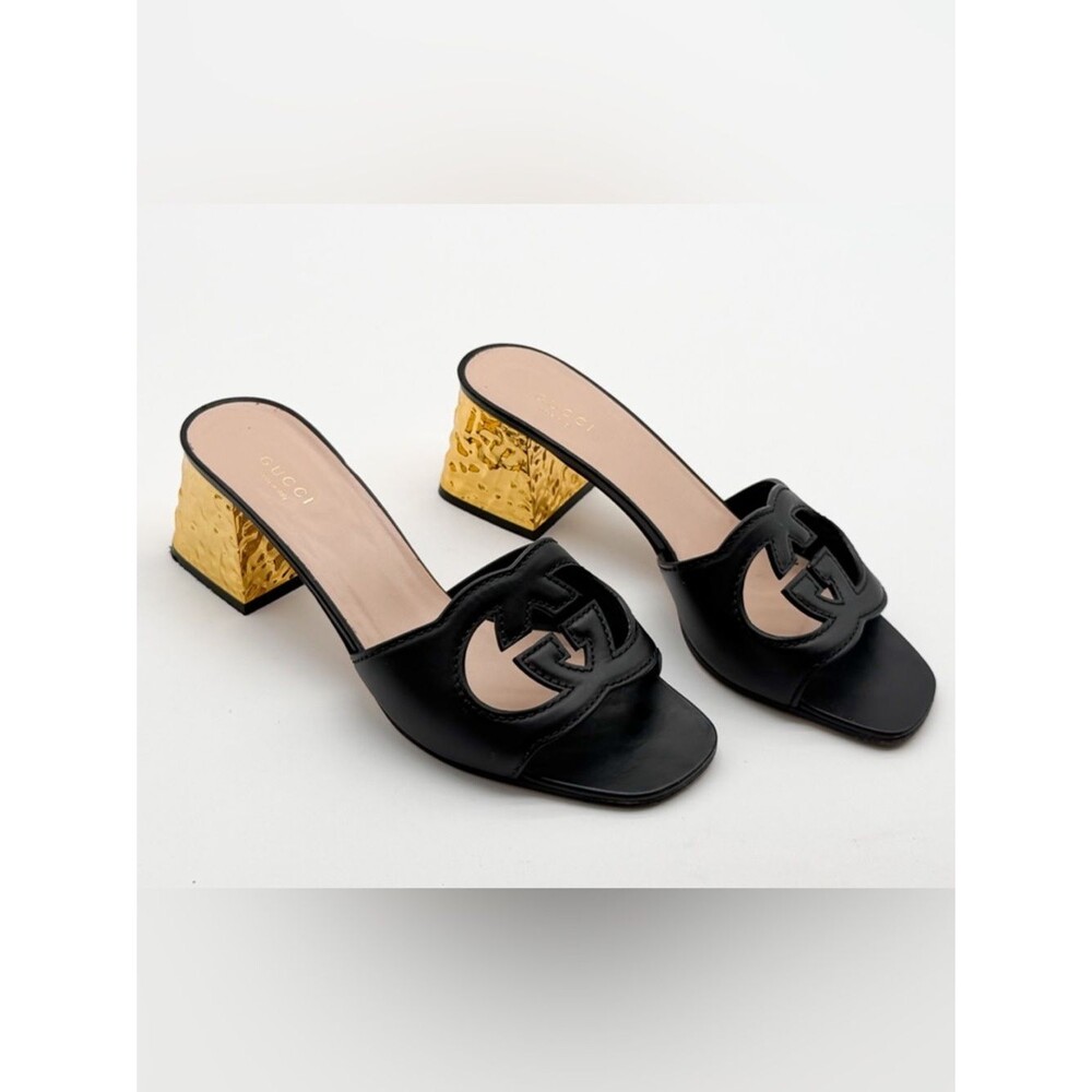 Gucci Cosmos Cut Out GG Slide Black Leather Sandals Gold Heel EU 39.5 US 9.5